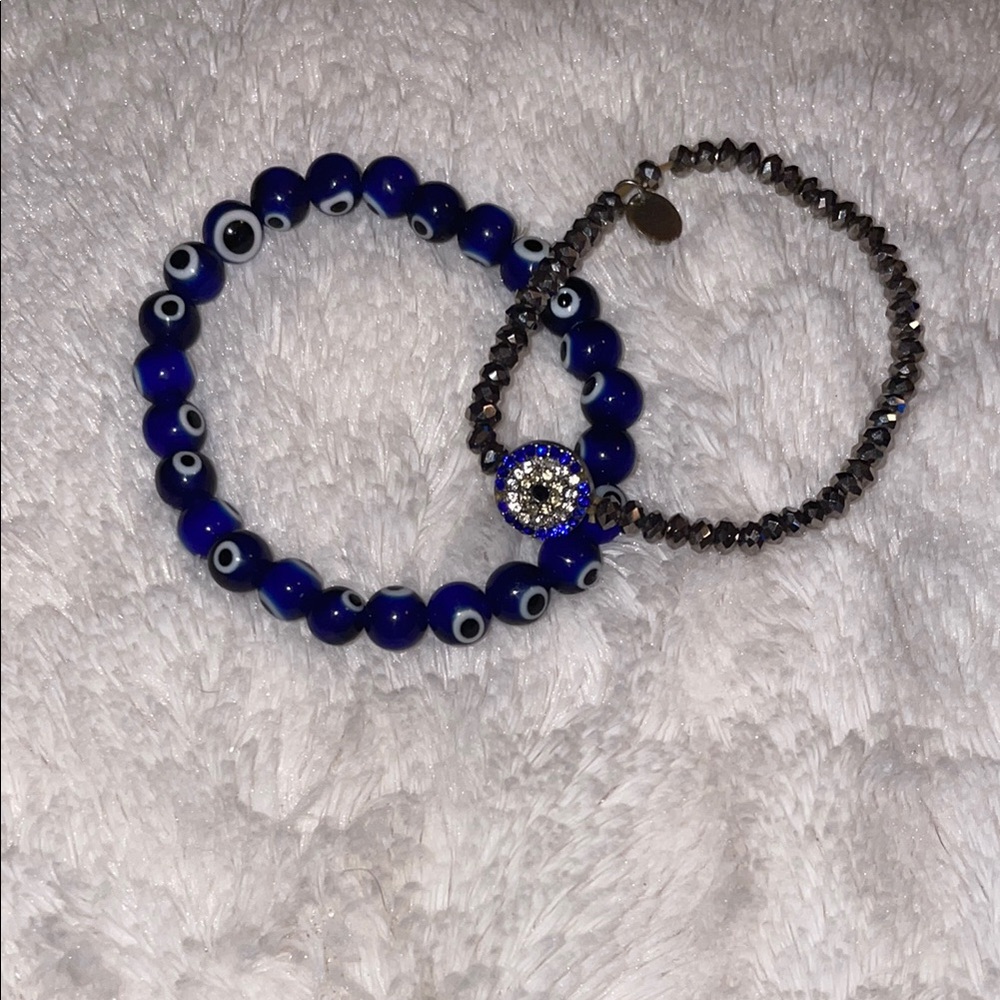 Blue Evil Eye and Silver Beaded Bracelets